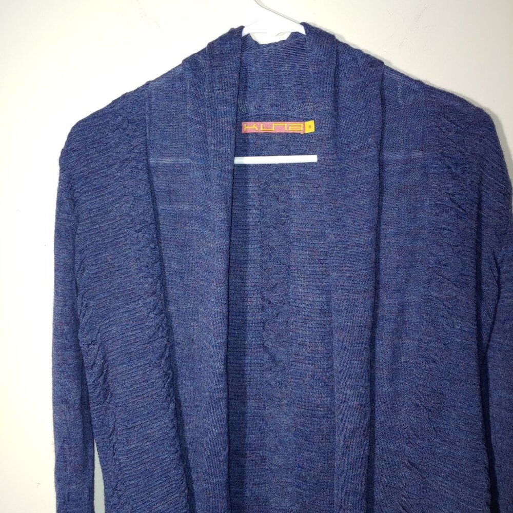 Kuna Baby Alpaca Ruched Panels Open Front Long Cardigan Size S Melange Navy Blue - Picture 6 of 6